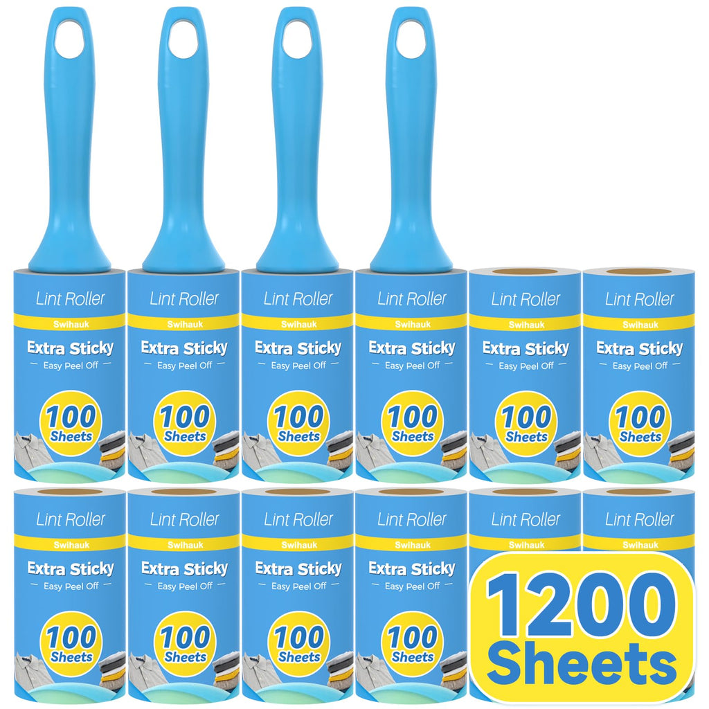 Swihauk 1200 Sheets Extra Sticky Lint Rollers for Pet Hair, Easy Spiral Tear Lint Roller for Clothes with Ergonomic Handle, Multipurpose Lint Remover for Furniture, Carpet, Car Seat