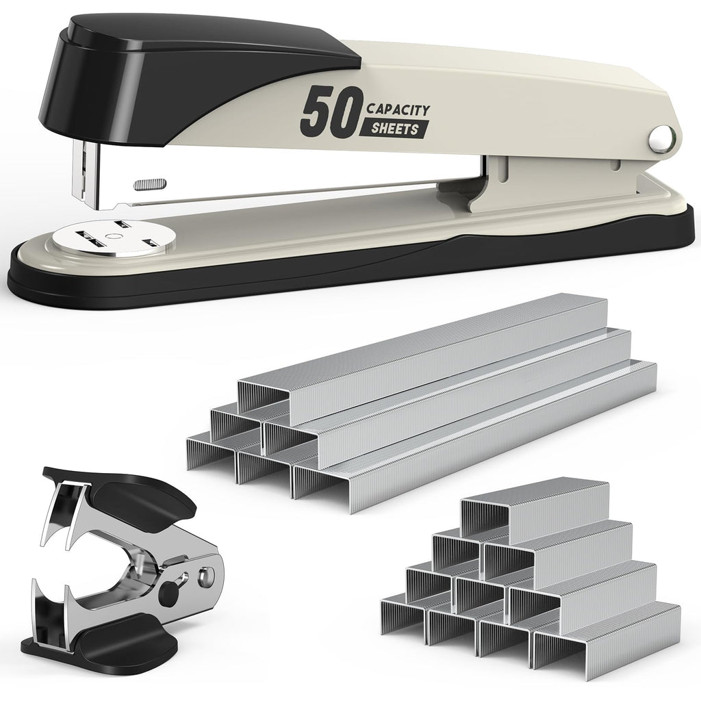 Metal Stapler Heavy Duty 50 Sheet Capacity with 1750 Staples and Staple Remover, Full Strip Staplers for Desk, No Jam, Non-Slip for Office & Classroom, White