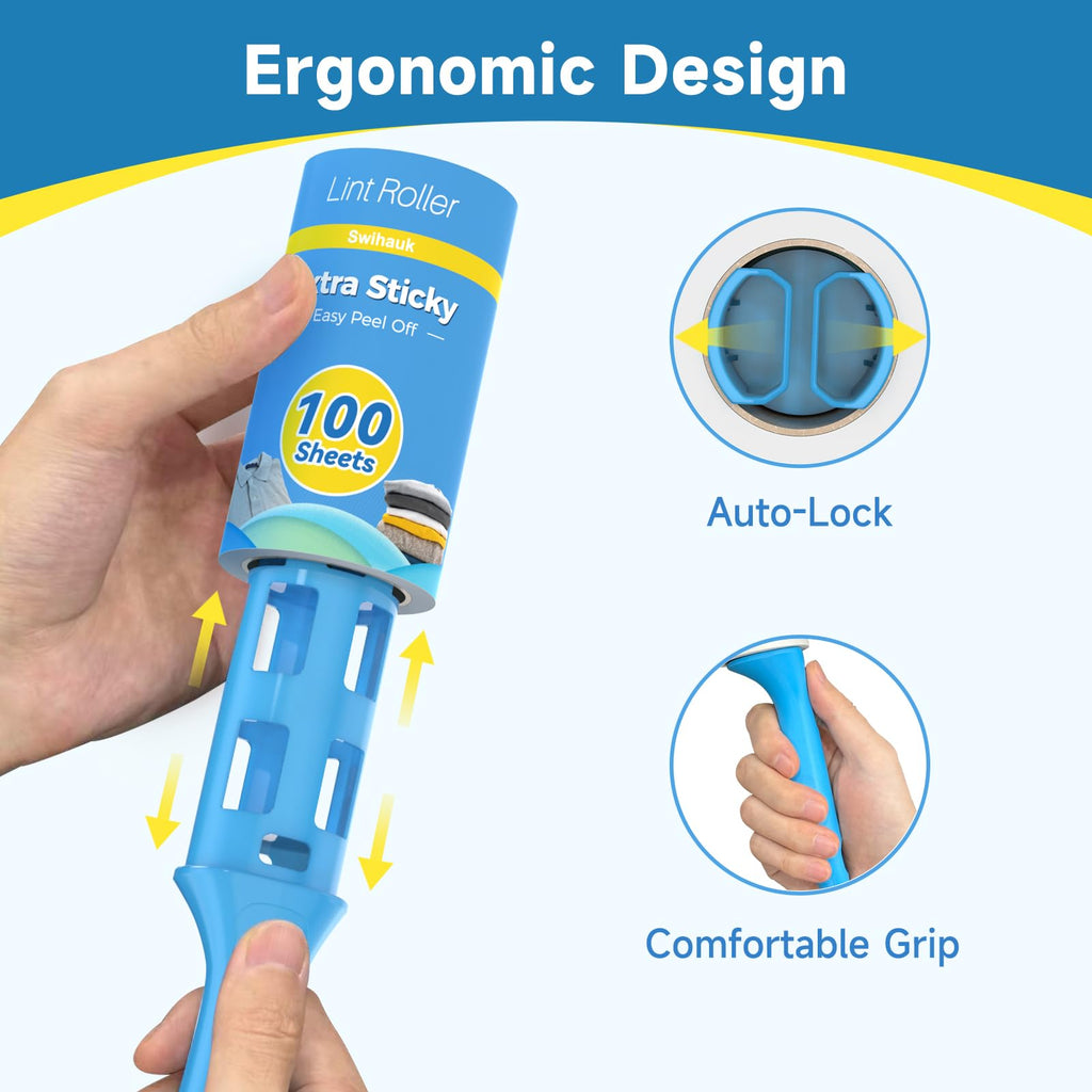 Swihauk 1200 Sheets Extra Sticky Lint Rollers for Pet Hair, Easy Spiral Tear Lint Roller for Clothes with Ergonomic Handle, Multipurpose Lint Remover for Furniture, Carpet, Car Seat