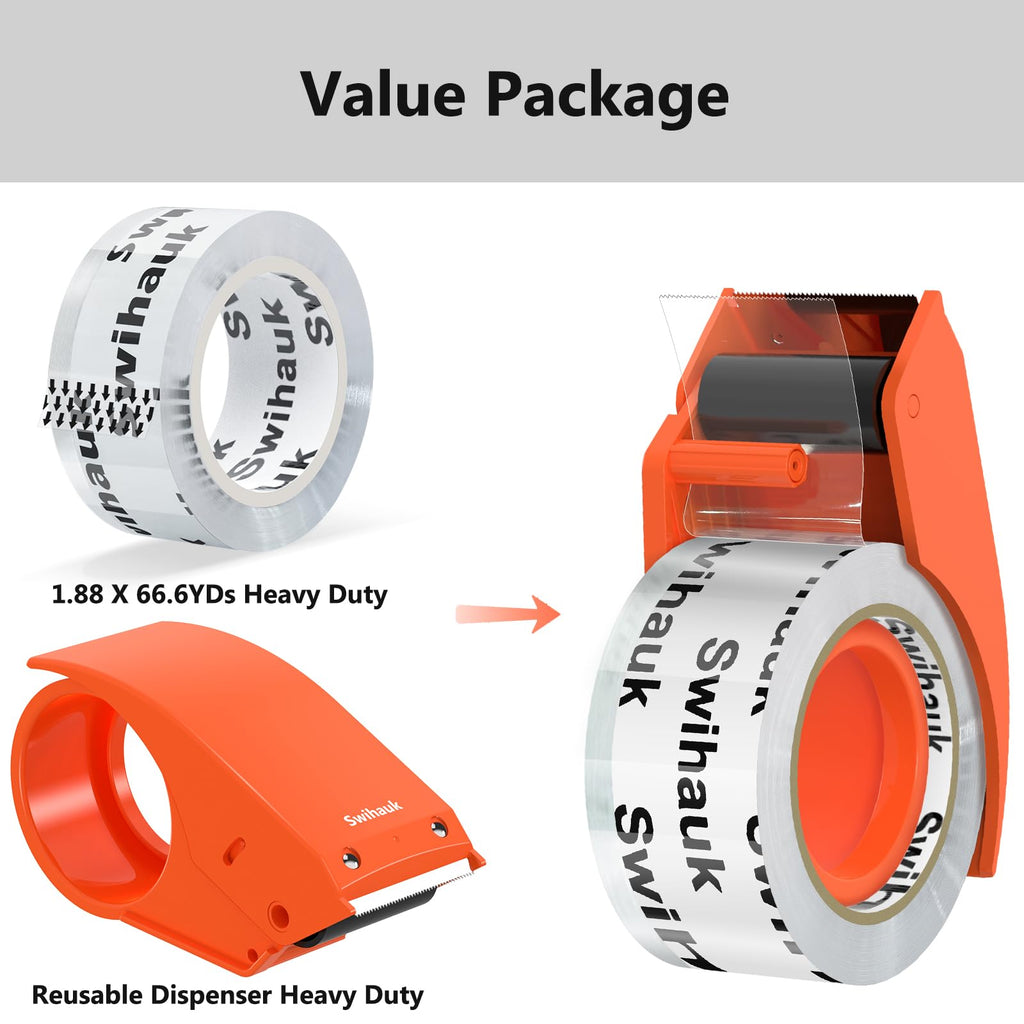 Swihauk 1.88 in x 66.6 YDs Heavy Duty Packing Tape with Dispenser, Strong & Durable Shipping Tape, Packaging Tape, Clear Package Tape for Shipping Moving Storage and Mailing, 1 Roll + 1 Dispenser